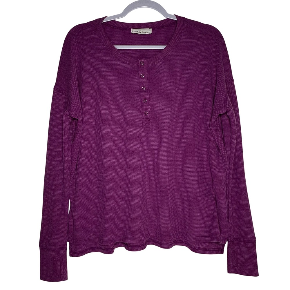 Zenana Womens Purple Waffle Knit Henley Long Sleeve Thumbhole Top JT-7511Y M